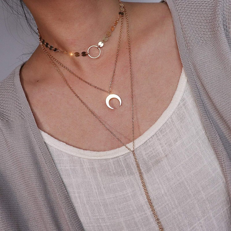 Suyi Stylish Layered Sequins Choker Necklace with Thin Long Chian Pendant for Women Lady - Image 2